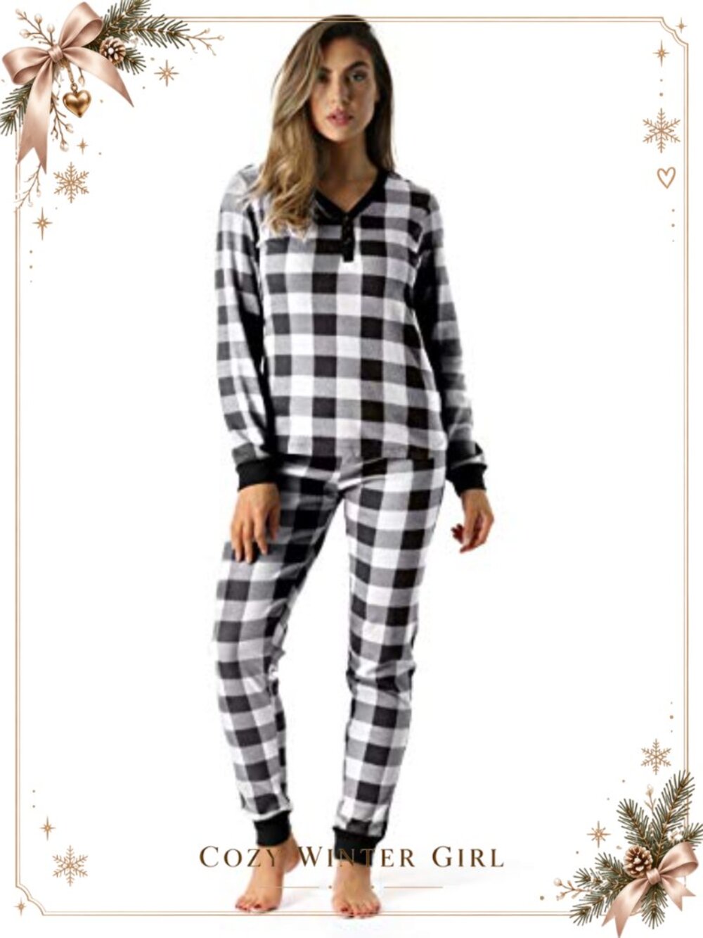 Waffle Knit Buffalo Plaid Thermal Set Henley Jogger Pajamas